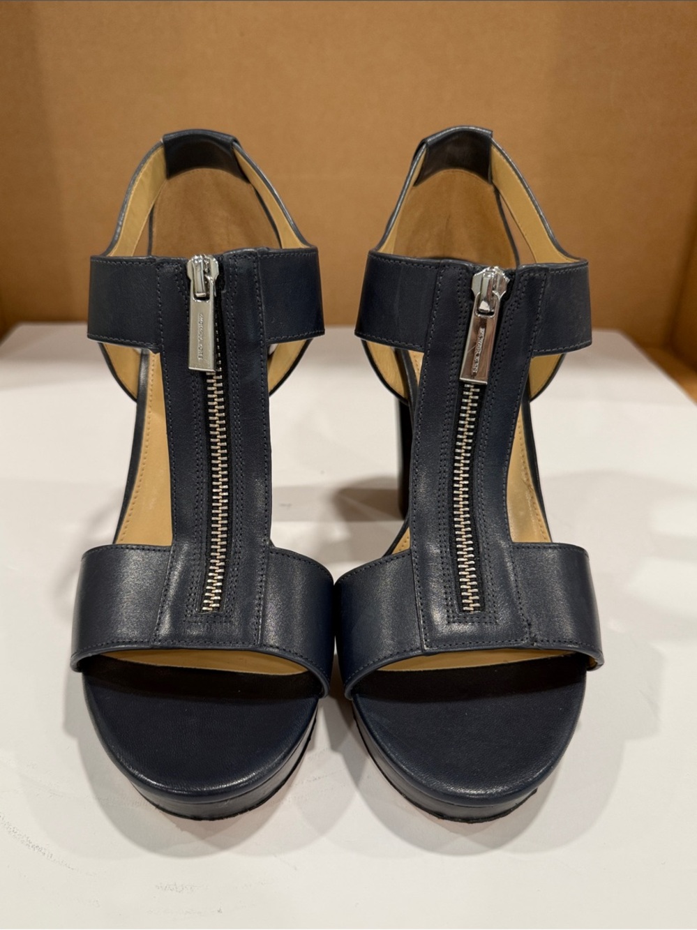 Michael Kors Navy Leather T-Strap Zip Heels
